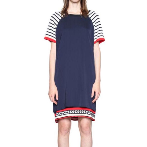 Desigual Evocative Navy Blue Knit Striped Short Sleeves Hemline Shirt Dress 40 M - Picture 1 of 9